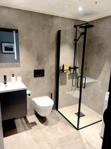 a bathroom with a shower and a toilet and a sink at Ny leilighet, 2023, sentral beliggenhet ved Highland in Geilo