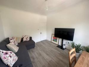Modern 2 bedroom flat, SE6 في Catford: غرفة معيشة مع أريكة وتلفزيون بشاشة مسطحة