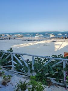 a fence on a beach with the ocean in the background at Kibwana Village Bungalows in Matemwe