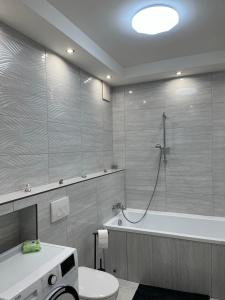 a bathroom with a shower and a toilet and a tub at Apartament Sielawy 21 parking free in Poznań