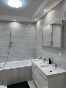 W łazience znajduje się biała umywalka, wanna i prysznic. w obiekcie Apartament Sielawy 21 w Poznaniu