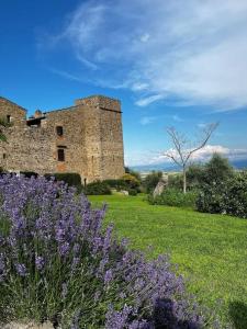 a castle with a field of purple flowers in front of it at Medieval Tower in Umbria with Swimming Pool in Monte lʼAgello