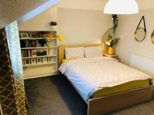 een slaapkamer met een bed en een boekenplank bij Cheerful 4 bedroom townhouse, side street parking in Belfast