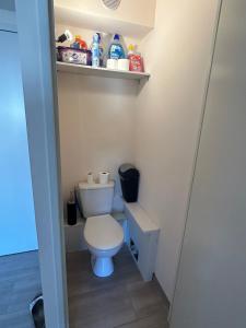 a small bathroom with a toilet and a shelf at Le venizio Sète in Sète