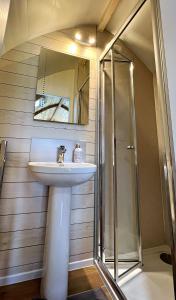 斯基普頓的住宿－Malhamdale Glamping，一间带水槽和淋浴的浴室