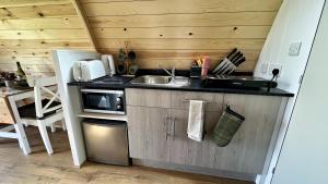 cocina con encimera con fregadero y microondas en Malhamdale Glamping en Skipton