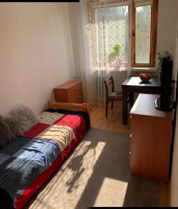 sypialnia z łóżkiem, biurkiem i oknem w obiekcie Pokój w Wilanowie w Warszawie