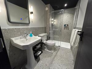 W łazience znajduje się umywalka, toaleta i prysznic. w obiekcie Crescent Place w mieście Cheltenham
