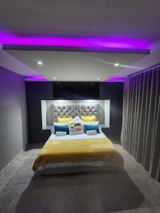 Amanzimtoti的住宿－1901 on Hightide，一间卧室配有一张紫色照明的大床