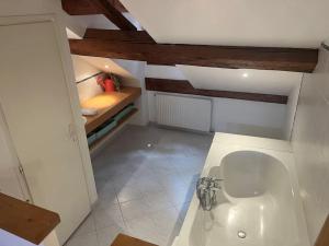 een badkamer met een wastafel in een kamer met houten plafonds bij L'escalier du Château T4 Duplex 9 couchages 4* in Annecy