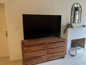 un soggiorno con TV a schermo piatto e cassettiera in legno; di L'escalier du Château T4 Duplex 9 couchages 4* ad Annecy