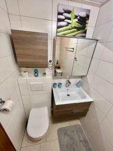 ein Bad mit einem WC und einem Waschbecken in der Unterkunft Moderne, 1-Zimmer Ferienwohnung mit Bergblick in Oy-Mittelberg
