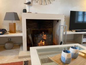 a living room with a fireplace and a tv at Maison de Charme à St Clément des baleines in Saint-Clément-des-Baleines