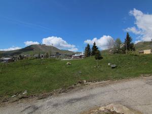 a grassy hill with a house and a road at Studio cosy avec balcon, piscine & sauna - 3 pers, pied des pistes, animaux OK - FR-1-405-87 in L'Alpe-d'Huez +2 photos