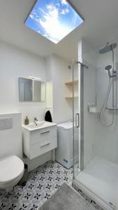 y baño con aseo, lavabo y ducha. en Le Silly - Bel appartement - Paris & Parc des Princes en Boulogne-Billancourt