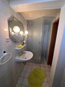 a bathroom with a sink and a mirror and a shower at Pension 1 Ferienhof Hanstorf in Satow