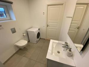 bagno bianco con servizi igienici e lavandino di Small Rica house in the center in Billund a Billund