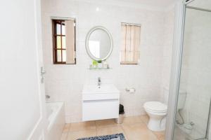 a bathroom with a toilet and a sink and a mirror at Tranquil cottage in Sandton