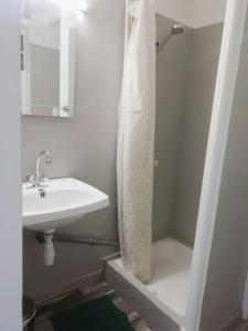 ein weißes Bad mit einem Waschbecken und einer Dusche in der Unterkunft Les combes in Montarnaud