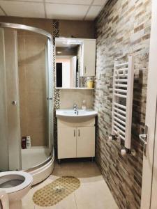 a bathroom with a shower toilet and a sink at Cozy Skopje Retreat in Skopje