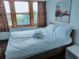 ein Bett mit zwei Schuhpaaren darauf in der Unterkunft Aaran Central Guesthouse in Aberdeen