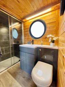 a bathroom with a toilet and a sink and a shower at The Pines Treehouse at Treetops Hideouts in Richmond