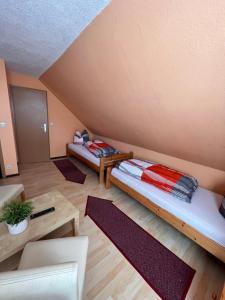 Satow的住宿－Pension 4 Ferienhof Hanstorf，一间设有两张床和一张桌子的房间