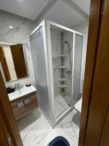 La salle de bains est pourvue d'une douche, de toilettes et d'un lavabo. dans l'établissement Appartement Jardins de Tanger , 2 chambres, à Tanger
