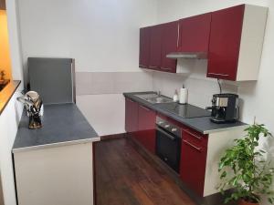 uma pequena cozinha com armários vermelhos e um lavatório em Appartement moderne en ville em Armentières