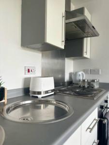 cocina con fregadero y tostadora en la encimera en Entire Apartment in Greater Manchester en Mánchester