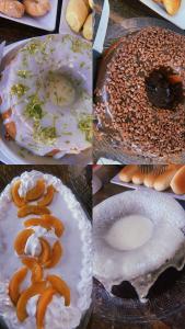 uma colagem de quatro fotos de bolos e pão em Pousada o Amanhecer em Tiradentes