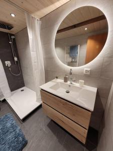 a bathroom with a sink and a shower and a mirror at Staubbach View - Traditional Chalet Apartment in Lauterbrunnen
