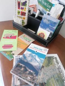 a table with a box of books and brochures at Demetra Piccola Casa Vacanze in Ielsi