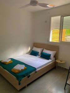 Un dormitorio con una cama con almohadas azules y una ventana en Charmante maison avec jacuzzi, en Le Gosier