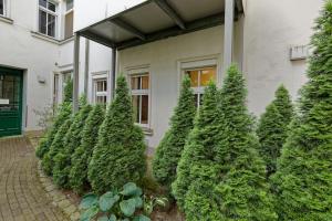 a row of christmas trees in front of a house at Wohnung 3 neben Warschauer Platz und Spree in Berlin