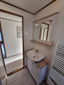 a bathroom with a sink and a mirror at Chalet E 200 de Holle Poarte in Makkum in Makkum +26 photos