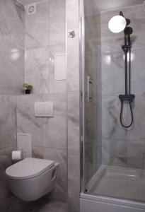 y baño con ducha, aseo y lavamanos. en North&South Apartments en Zagreb