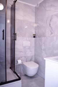 y baño blanco con aseo y ducha. en North&South Apartments en Zagreb