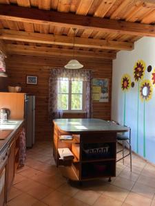 eine Küche mit einem Tisch in der Mitte in der Unterkunft Baidarininkų vila pas Kazimierą in Kaltanėnai