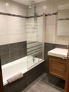 a bathroom with a shower and a tub and a sink at Au Bois de Lune in Châtel