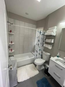 a bathroom with a tub and a toilet and a sink at Exec Lux home wth 3 Level,6 Bdrms/3bth & 2 Kitchen in Chicago