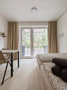 1 dormitorio con cama, escritorio y ventana en Celestial Apartments Brno, en Brno