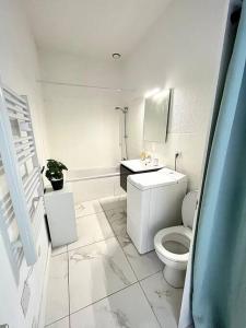 La salle de bains blanche est pourvue de toilettes et d'un lavabo. dans l'établissement La Liberté I Central I Parking gratuit, à Romans-sur-Isère