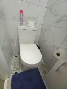a bathroom with a white toilet and a blue rug at Mari London Holiday Room in Ilford
