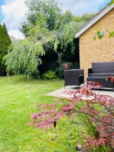 a bench sitting in a yard next to a lawn at Home in Solihull - Near NEC, BHX & Solihull Town Centre in Birmingham