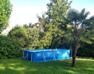 een blauwe tent in het gras naast een palmboom bij Bed & Breakfast à 20mn direct St Lazare en Train in Sannois