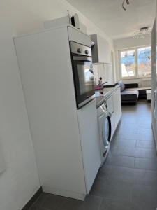 uma cozinha com um frigorífico e uma máquina de lavar e secar roupa em Kleiner Kristall inklusive MeineCard Plus em Willingen