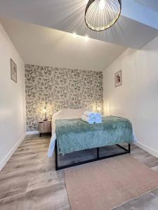 1 dormitorio con cama y lámpara de araña en L'Amazonite - Romans, en Romans-sur-Isère