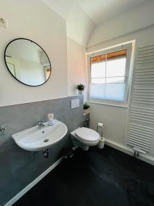 a bathroom with a sink and a toilet and a mirror at Ferienwohnung Peters in Hünfeld