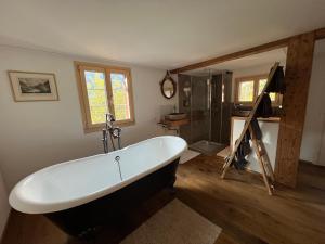 a large bathroom with a tub and a shower at Romantic private superior Swiss Chalet with Hottub in Lungern